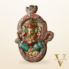 Brass Ganesha Wall Hanging with Stonework - 9 x 6.5 inch