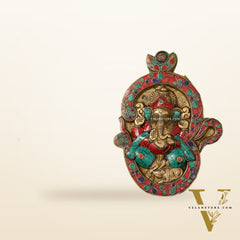 Brass Ganesha Wall Hanging with Stonework - 9 x 6.5 inch