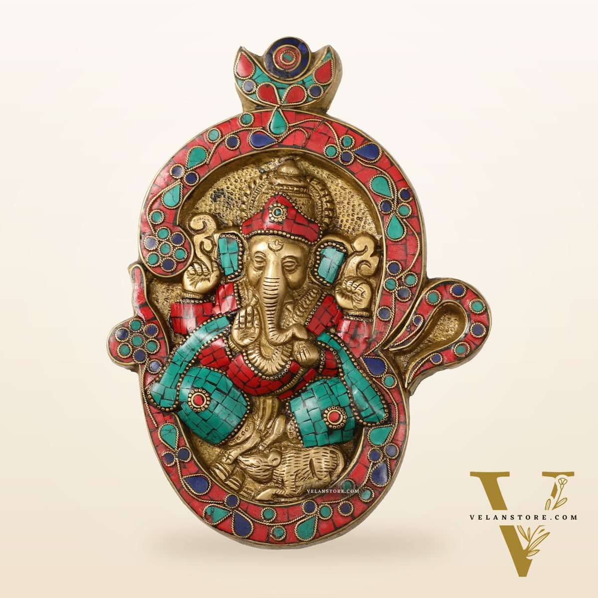 Brass Ganesha Wall Hanging with Stonework - 9 x 6.5 inch