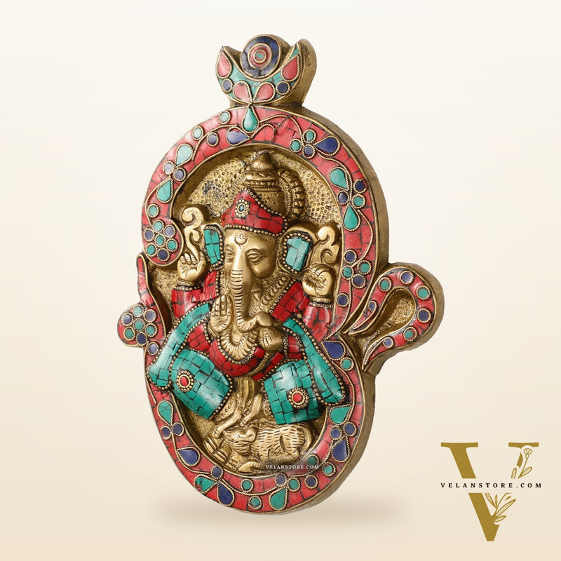 Brass Ganesha Wall Hanging with Stonework - 9 x 6.5 inch