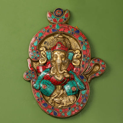 Brass Ganesha Wall Hanging with Stonework - 9 x 6.5 inch