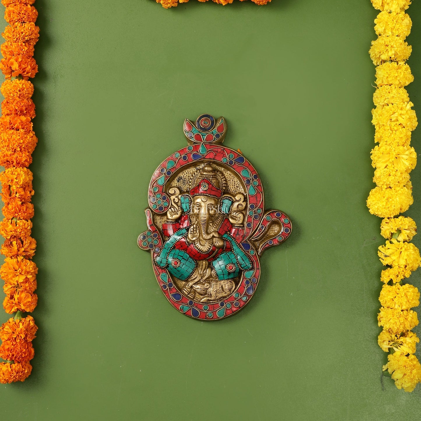 Brass Ganesha Wall Hanging with Stonework - 9 x 6.5 inch