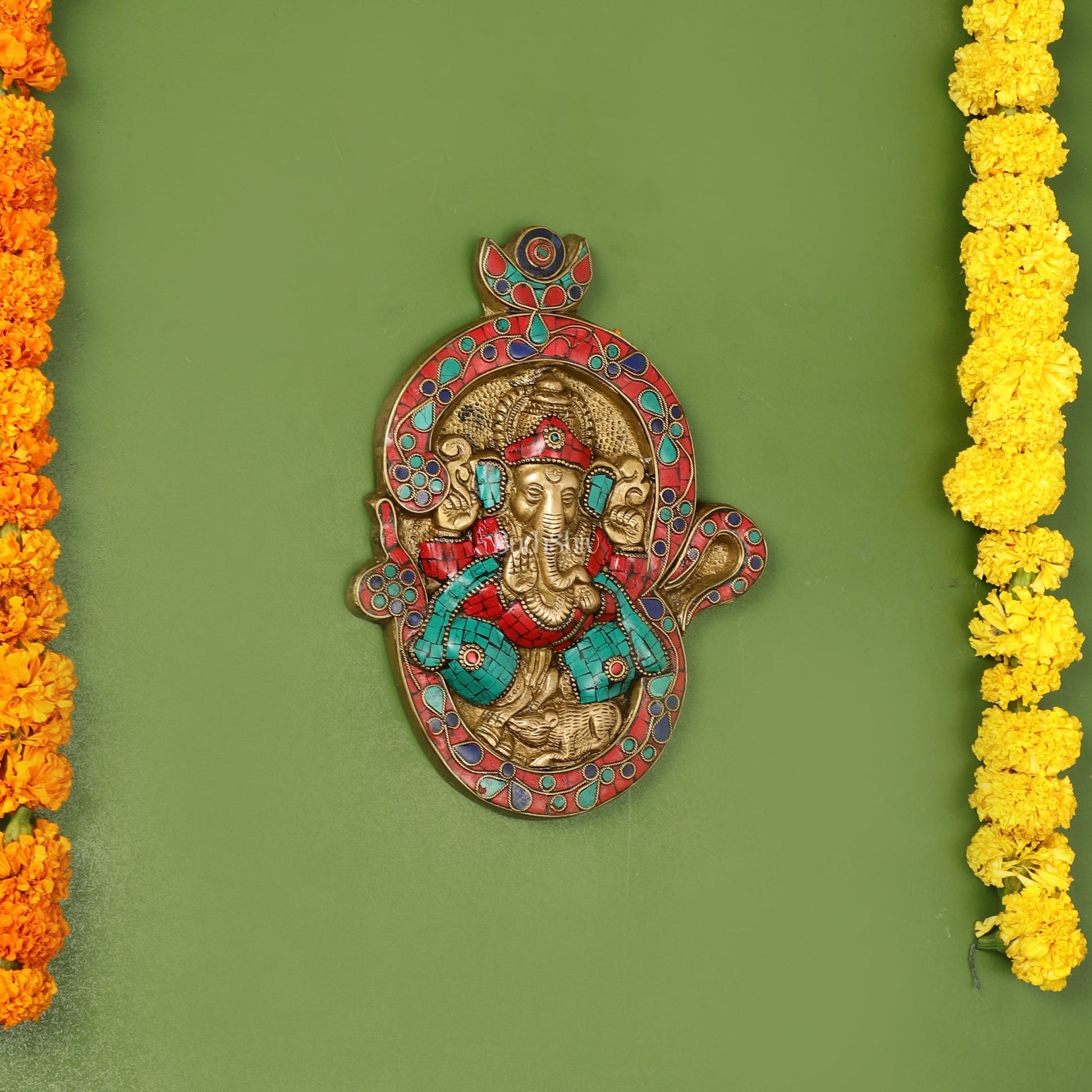 Brass Ganesha Wall Hanging with Stonework - 9 x 6.5 inch