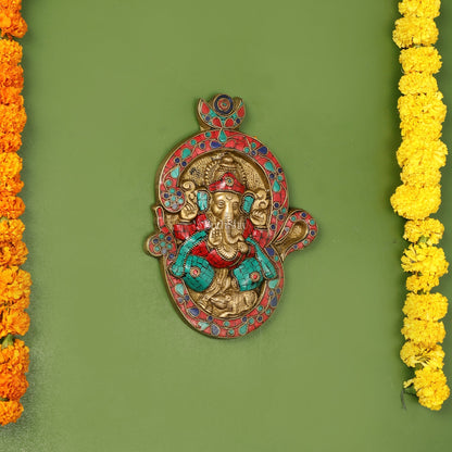 Brass Ganesha Wall Hanging with Stonework - 9 x 6.5 inch