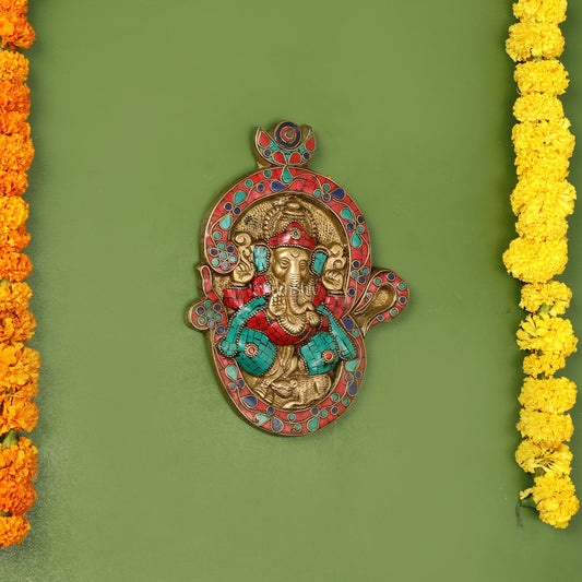 Brass Ganesha Wall Hanging with Stonework - 9 x 6.5 inch