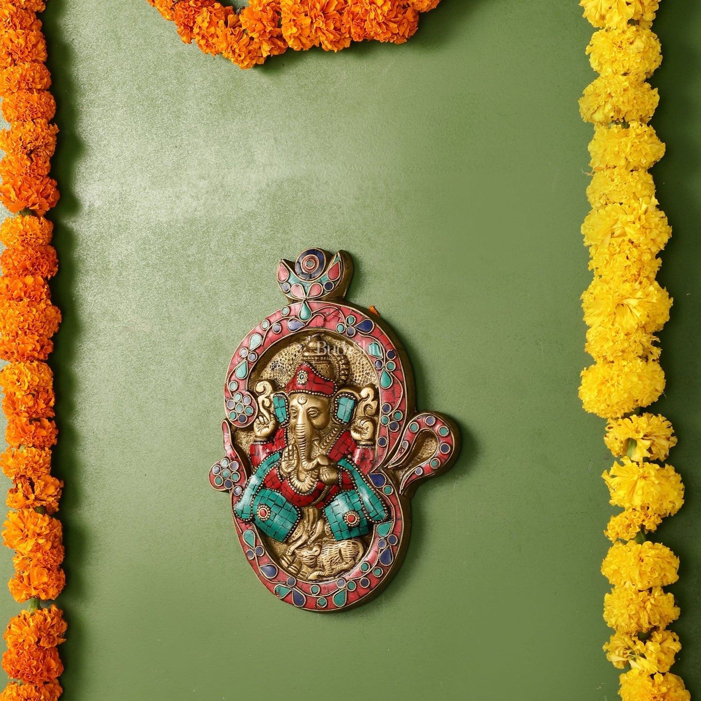 Brass Ganesha Wall Hanging with Stonework - 9 x 6.5 inch