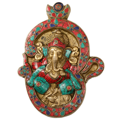 Brass Ganesha Wall Hanging with Stonework - 9 x 6.5 inch