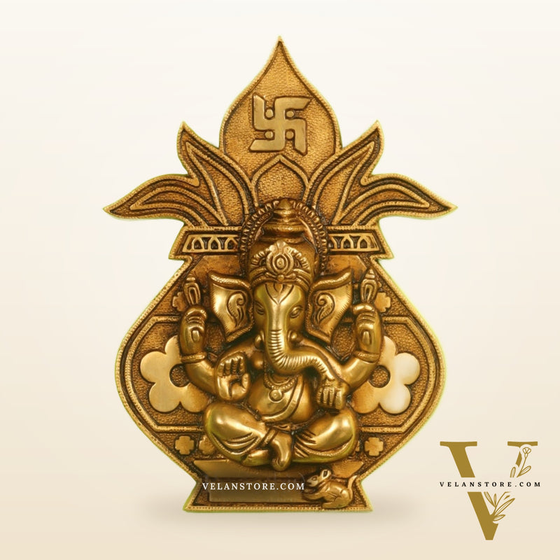 Brass Ganesha with Kalash and swastik Wall Hanging 10"