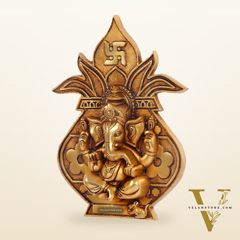 Brass Ganesha with Kalash and swastik Wall Hanging 10"
