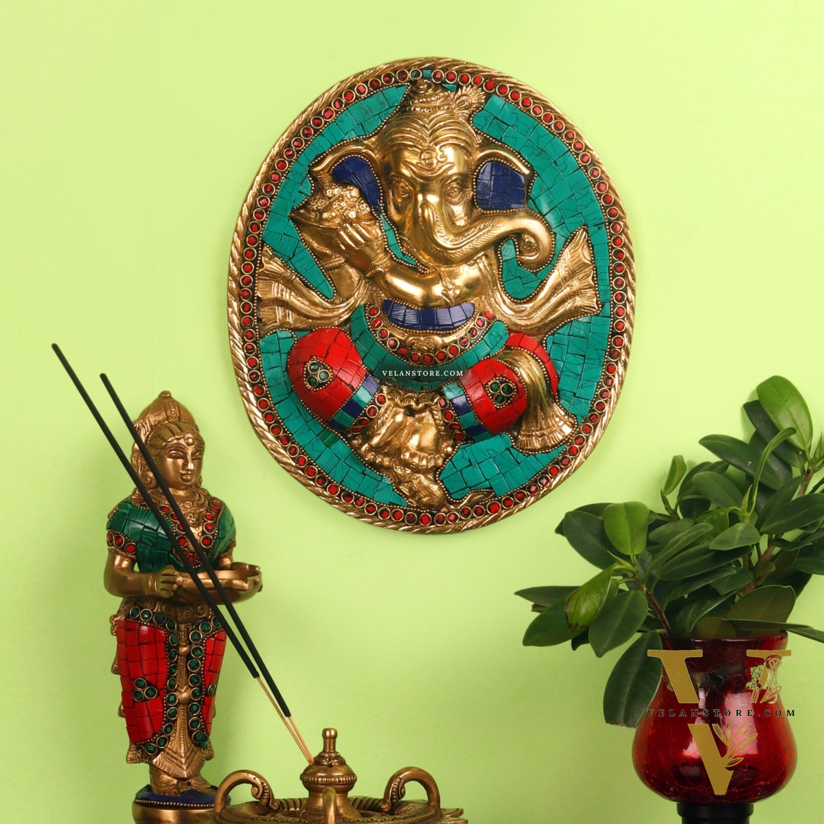 Brass Ganesha with modak bowl Wall Hanging Stonework 9"