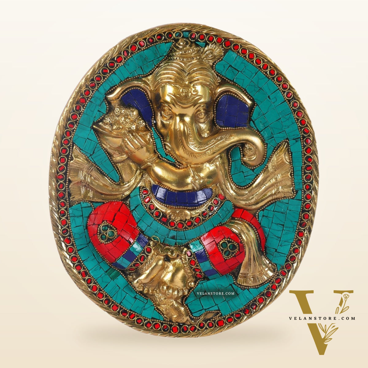 Brass Ganesha with modak bowl Wall Hanging Stonework 9"