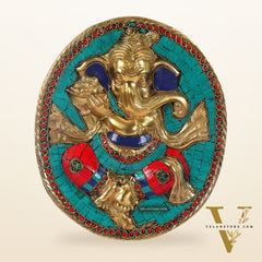 Brass Ganesha with modak bowl Wall Hanging Stonework 9"