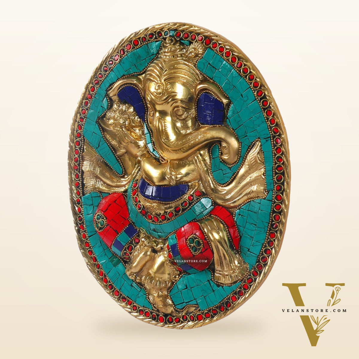 Brass Ganesha with modak bowl Wall Hanging Stonework 9"