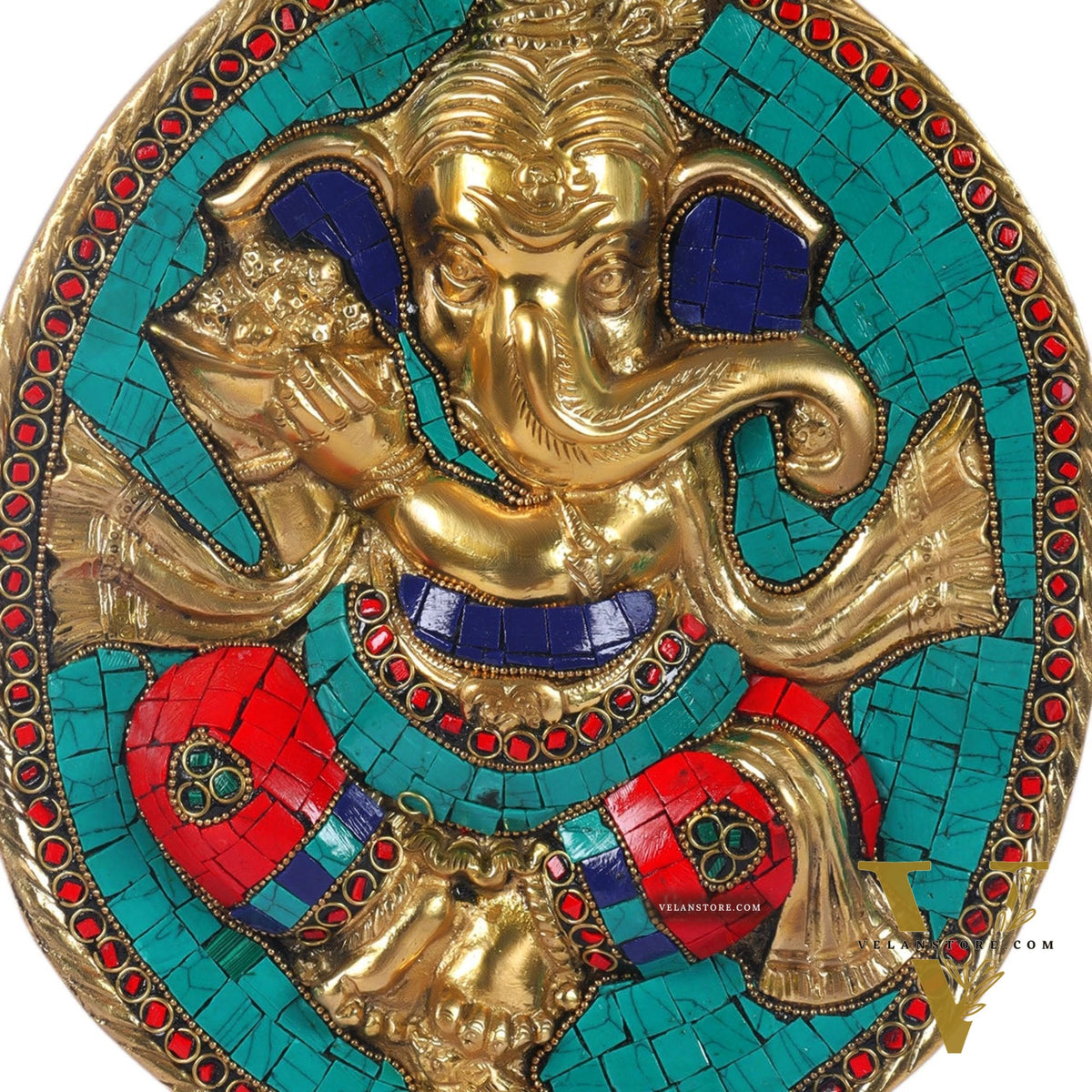 Brass Ganesha with modak bowl Wall Hanging Stonework 9"