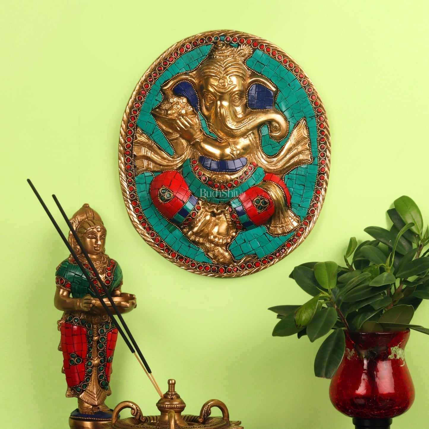 Brass Ganesha with modak bowl Wall Hanging Stonework 9"