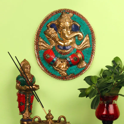 Brass Ganesha with modak bowl Wall Hanging Stonework 9"