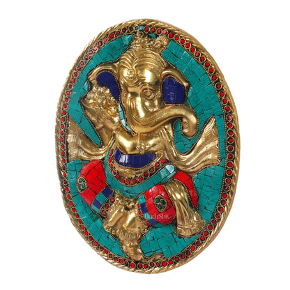 Brass Ganesha with modak bowl Wall Hanging Stonework 9"