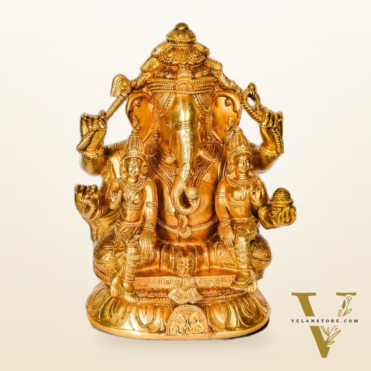 Brass Ganesha with Wives Riddhi and Siddhi - 12 Inch