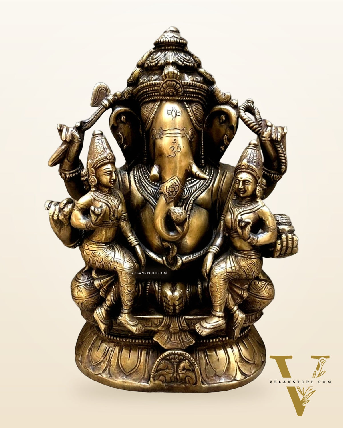 Brass Ganesha with Wives Riddhi and Siddhi - 12 Inch