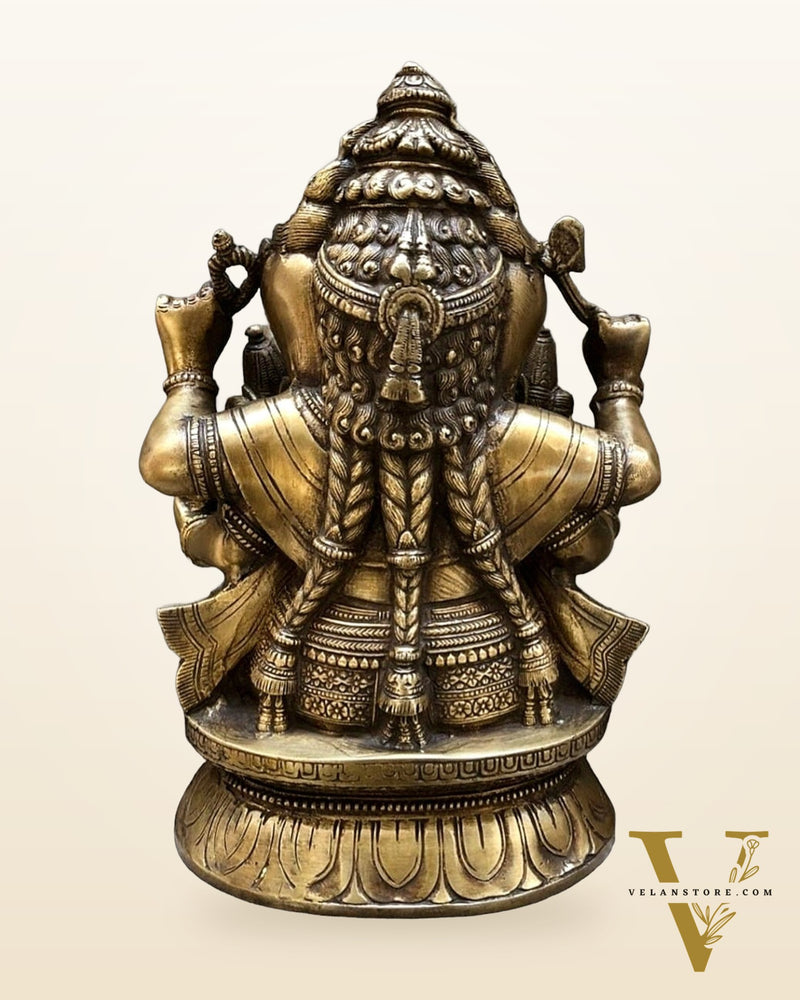 Brass Ganesha with Wives Riddhi and Siddhi - 12 Inch