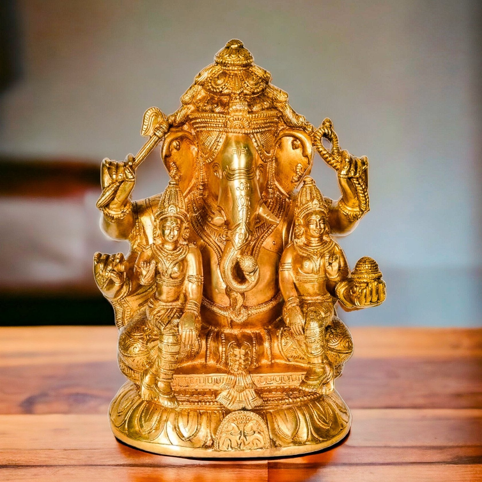 Brass Ganesha with Wives Riddhi and Siddhi - 12 Inch