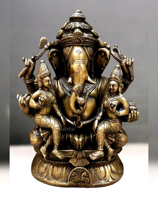Brass Ganesha with Wives Riddhi and Siddhi - 12 Inch