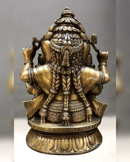 Brass Ganesha with Wives Riddhi and Siddhi - 12 Inch