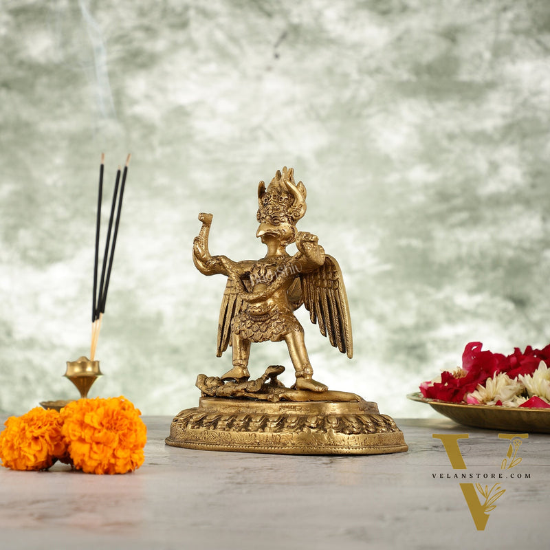 Brass Garuda Standing on Nagaraja Idol - 7 Inch
