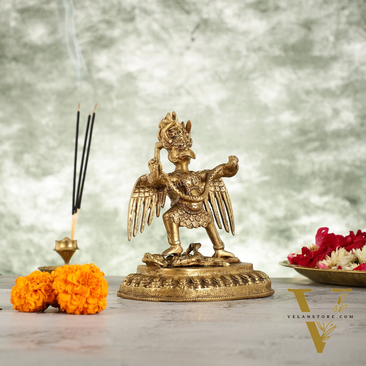 Brass Garuda Standing on Nagaraja Idol - 7 Inch