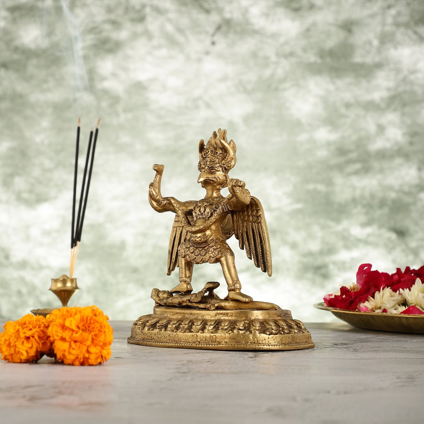 Brass Garuda Standing on Nagaraja Idol - 7 Inch