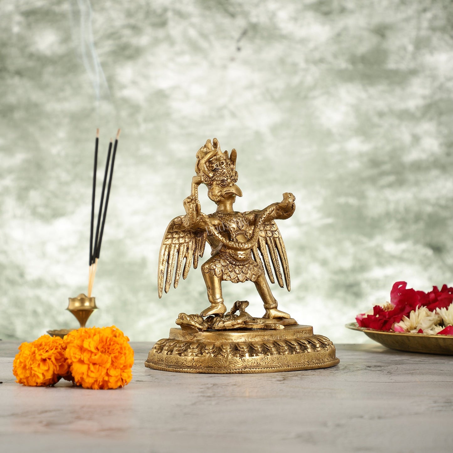 Brass Garuda Standing on Nagaraja Idol - 7 Inch
