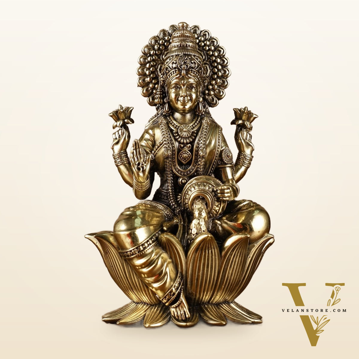 Brass Goddess Dhan Lakshmi on Lotus Idol - 7.5 Inch