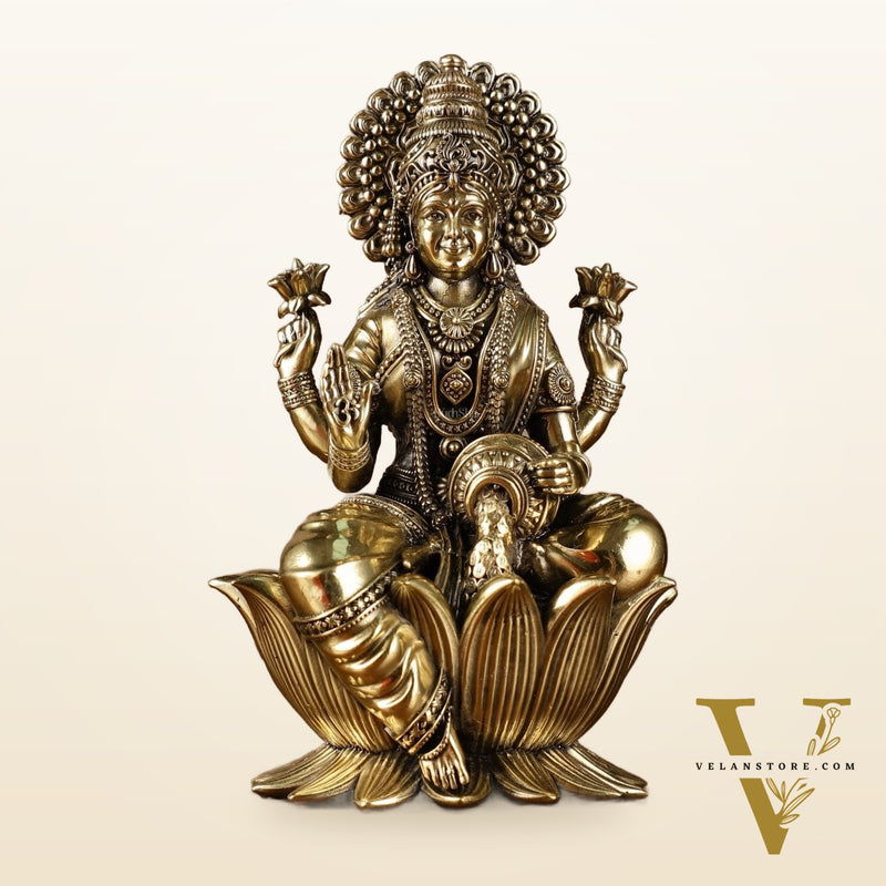 Brass Goddess Dhan Lakshmi on Lotus Idol - 7.5 Inch