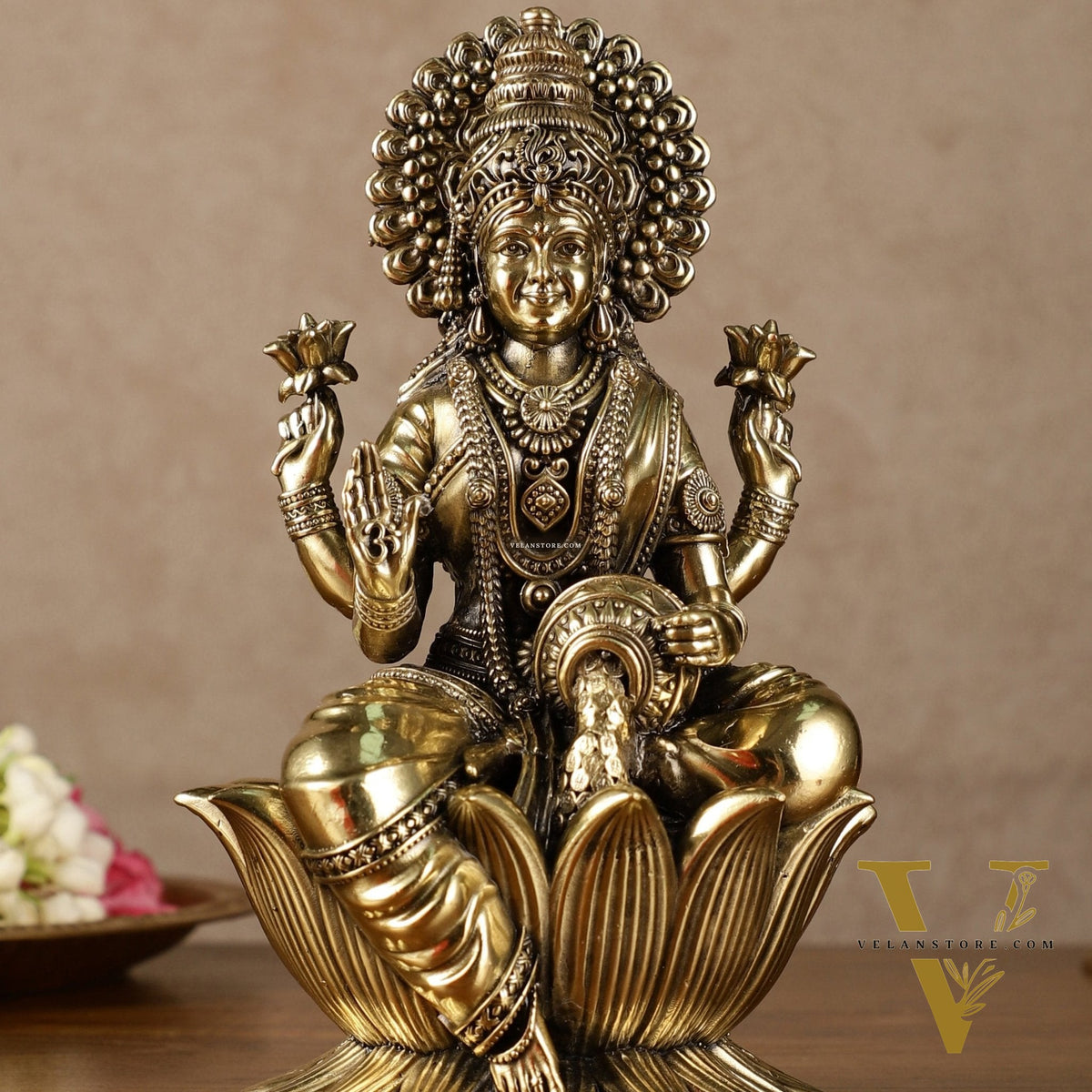 Brass Goddess Dhan Lakshmi on Lotus Idol - 7.5 Inch