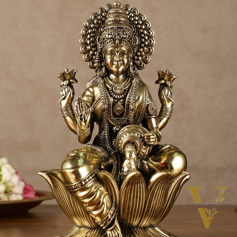 Brass Goddess Dhan Lakshmi on Lotus Idol - 7.5 Inch