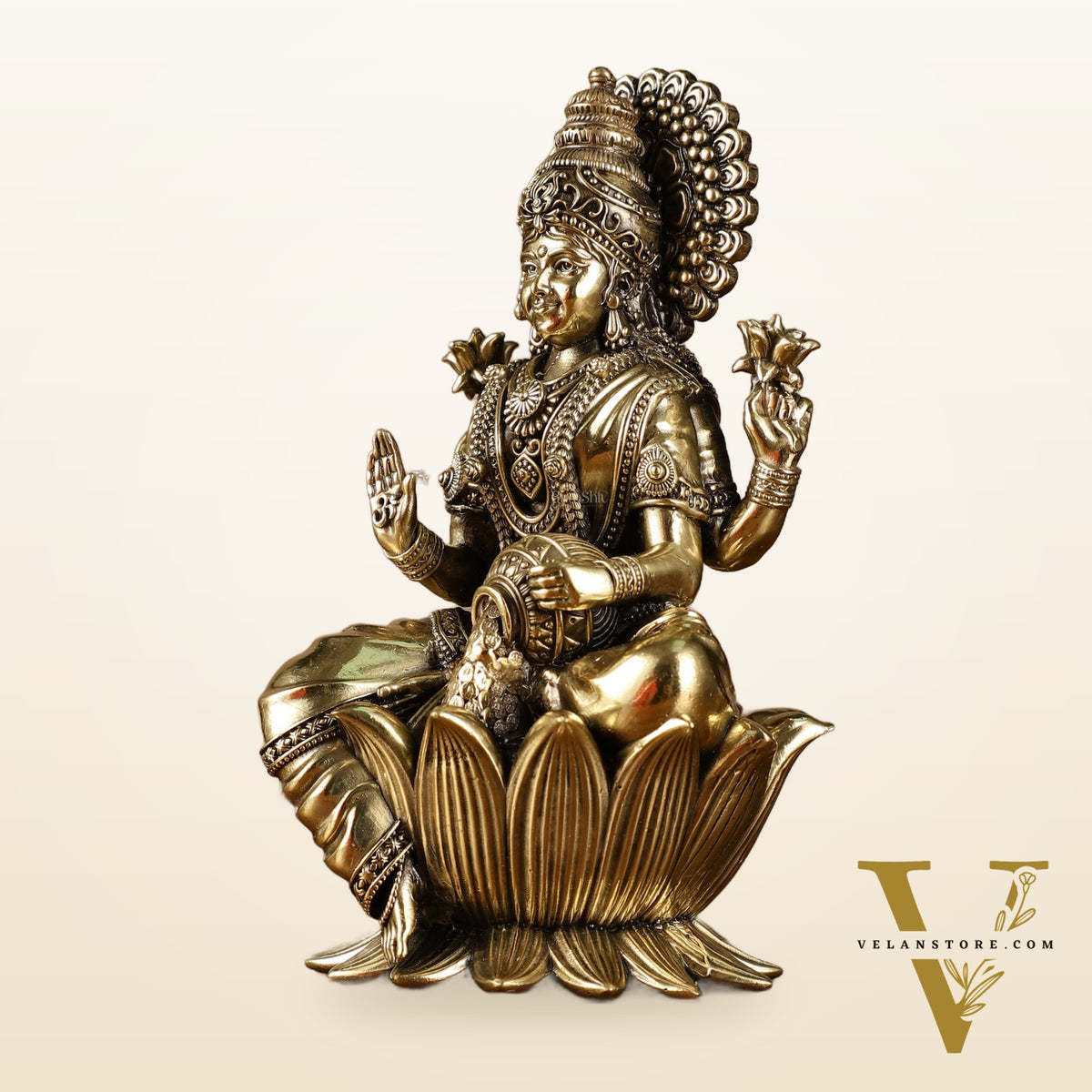 Brass Goddess Dhan Lakshmi on Lotus Idol - 7.5 Inch