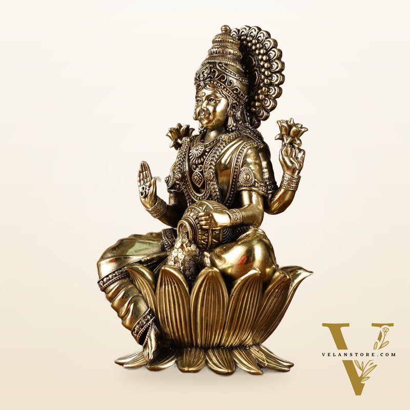 Brass Goddess Dhan Lakshmi on Lotus Idol - 7.5 Inch