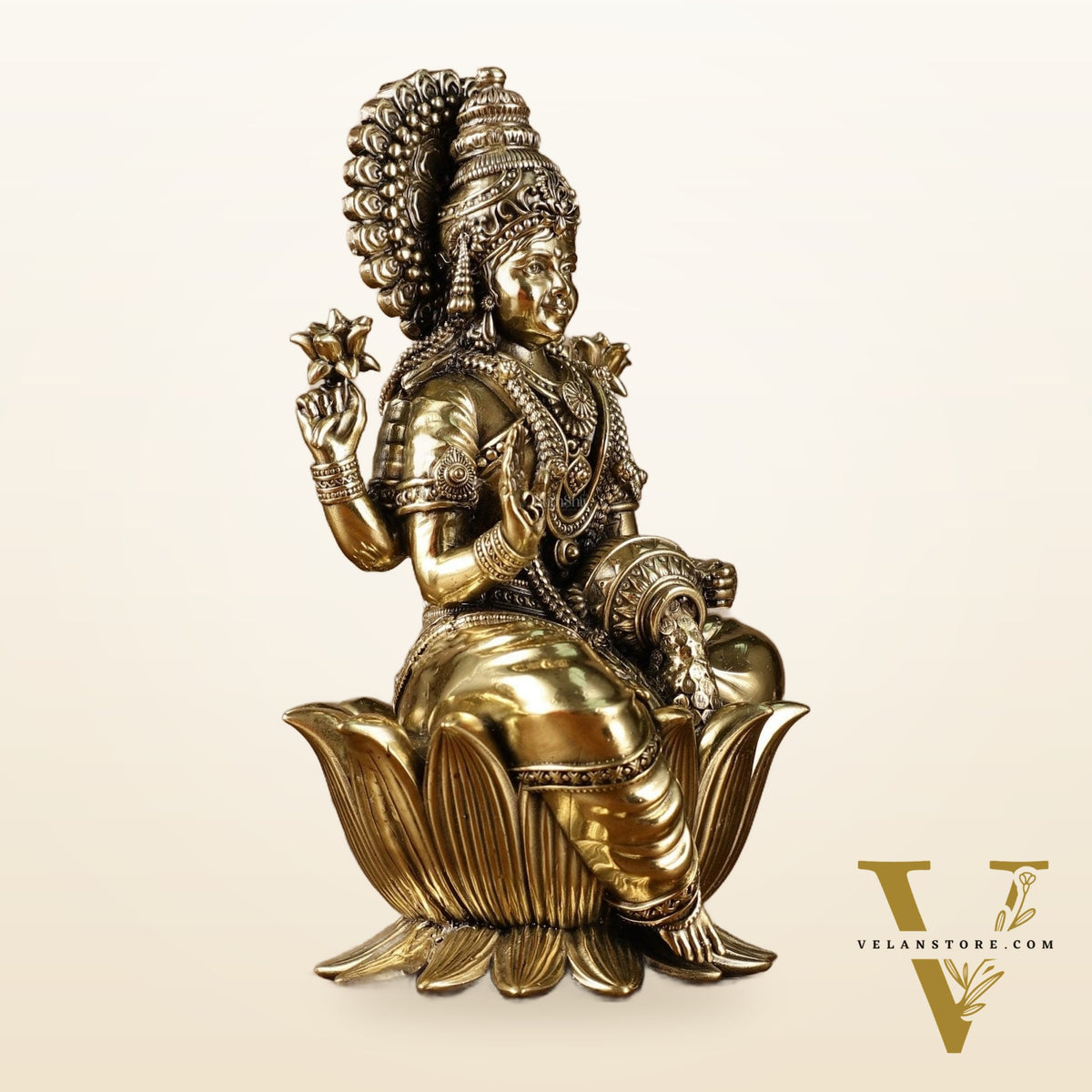Brass Goddess Dhan Lakshmi on Lotus Idol - 7.5 Inch