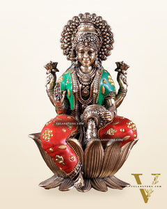 Brass Goddess Dhan Lakshmi on Lotus Idol - 8 Inch meenakari