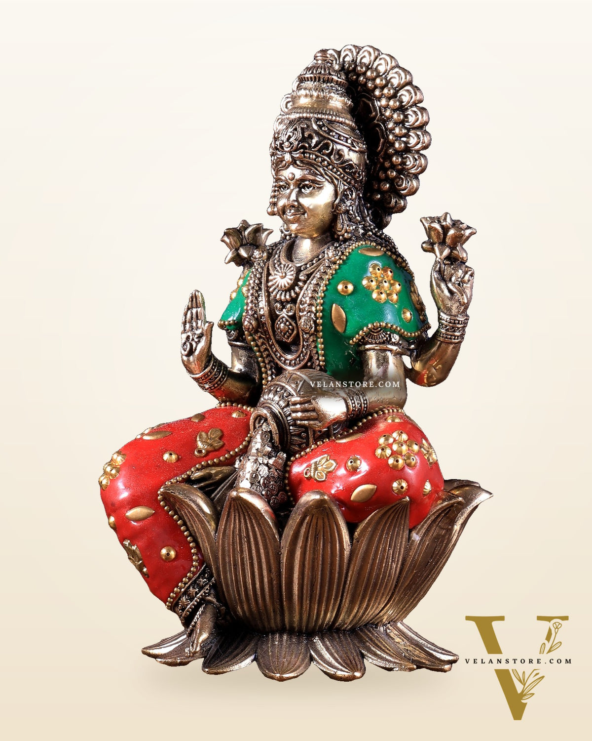 Brass Goddess Dhan Lakshmi on Lotus Idol - 8 Inch meenakari