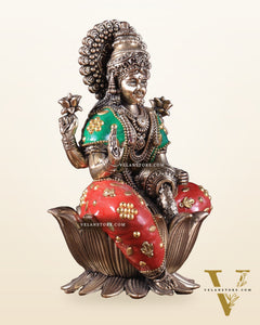 Brass Goddess Dhan Lakshmi on Lotus Idol - 8 Inch meenakari