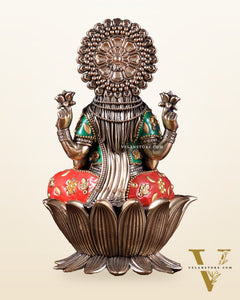 Brass Goddess Dhan Lakshmi on Lotus Idol - 8 Inch meenakari