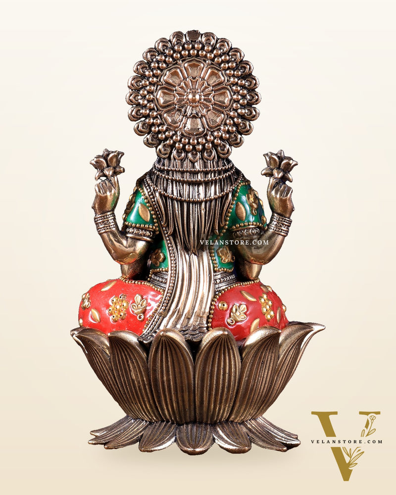 Brass Goddess Dhan Lakshmi on Lotus Idol - 8 Inch meenakari