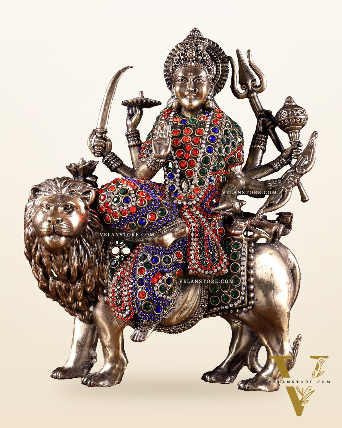 Brass Goddess Durga (Ambe Mata) Idol on Lion – 9.5" Jewellers Meenakari
