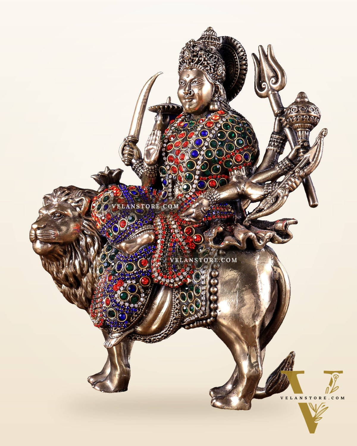 Brass Goddess Durga (Ambe Mata) Idol on Lion – 9.5" Jewellers Meenakari