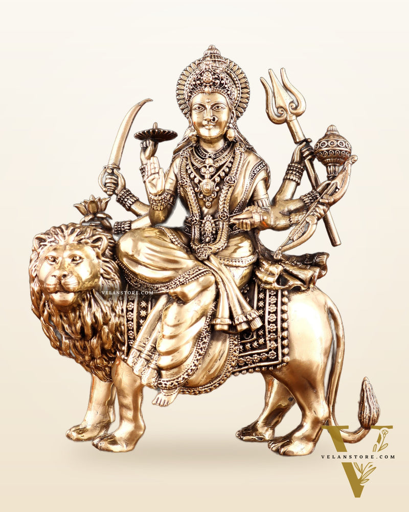 Brass Goddess Durga (Ambe Mata) Idol on Lion – 9.5"