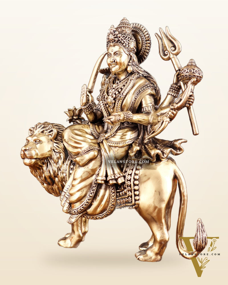 Brass Goddess Durga (Ambe Mata) Idol on Lion – 9.5"