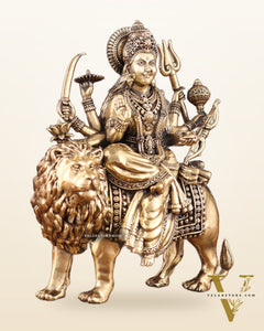 Brass Goddess Durga (Ambe Mata) Idol on Lion – 9.5"