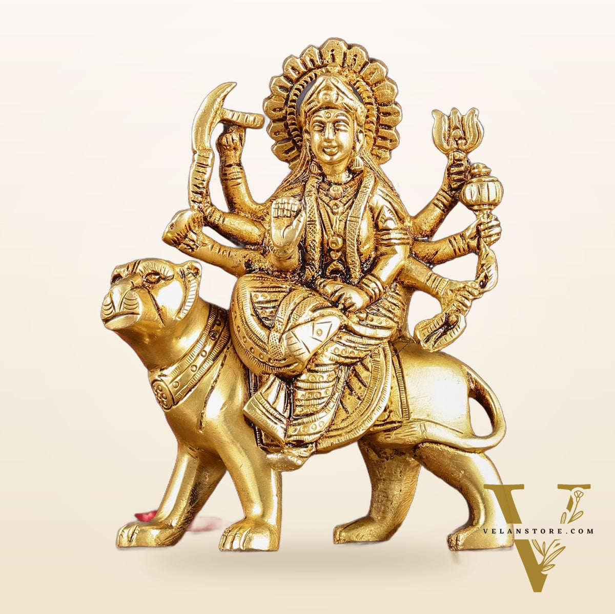 Brass Goddess Durga Seated on Tiger Idol - 5 Inch