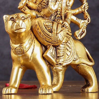 Brass Goddess Durga Seated on Tiger Idol - 5 Inch